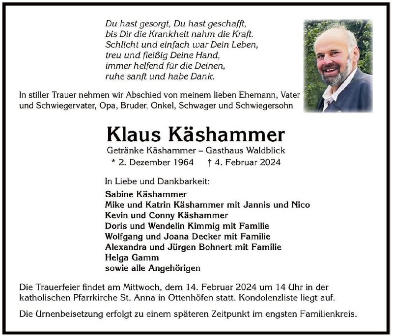 Trauer um Senior Chef Klaus Käshammer Familie Käshammer